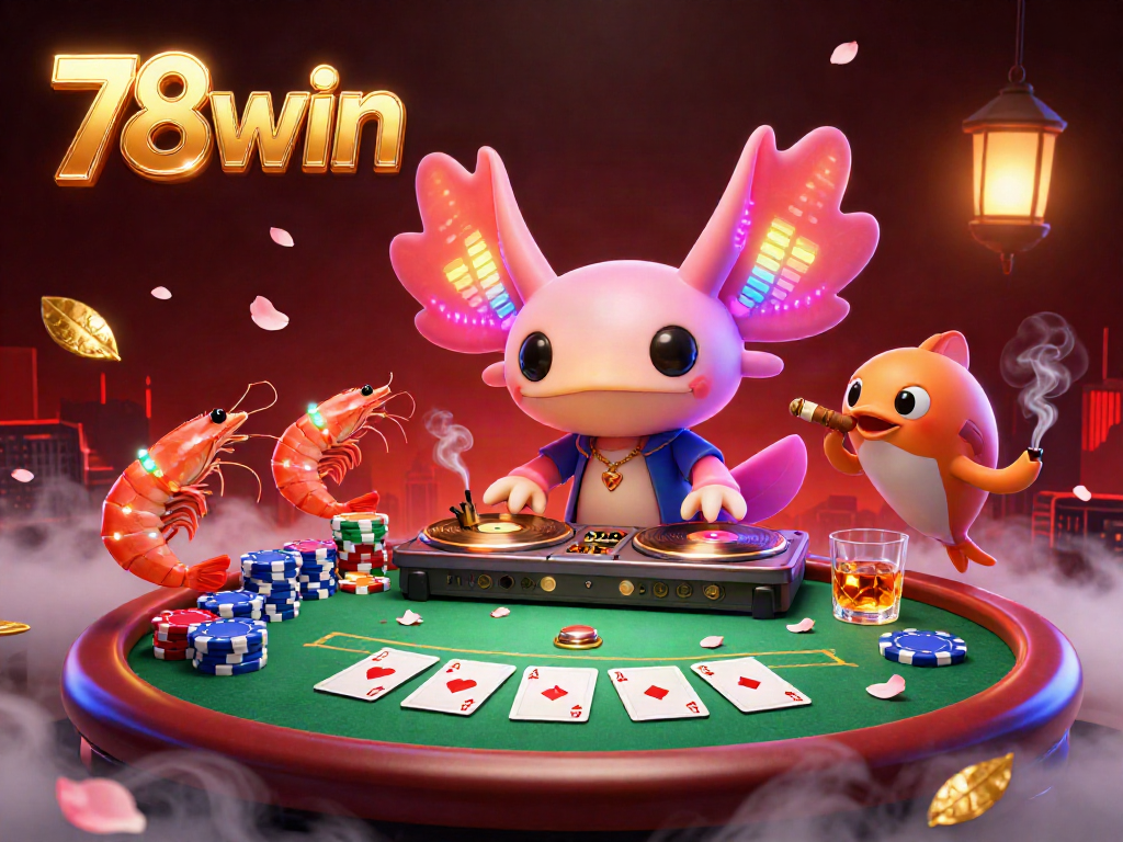 Engage in thrilling gaming with 78win, a vibrant underwater DJ scene showcasing poker action and engaging marine characters.