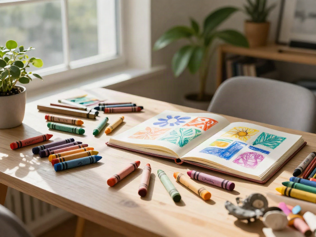 Crayon supplier showcasing a colorful artist's workspace filled with various crayon types.