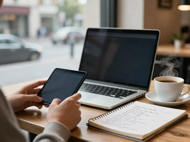 Person exploring 주소모음 links on smartphone at café, laptop nearby.