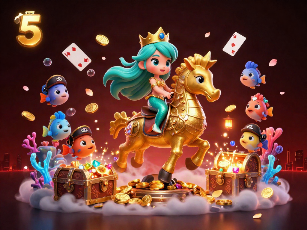 Kèo Nhà Cái 5 captures a thrilling betting scene featuring a mermaid princess and her seahorse companion amid bursts of treasure and ambient magic.