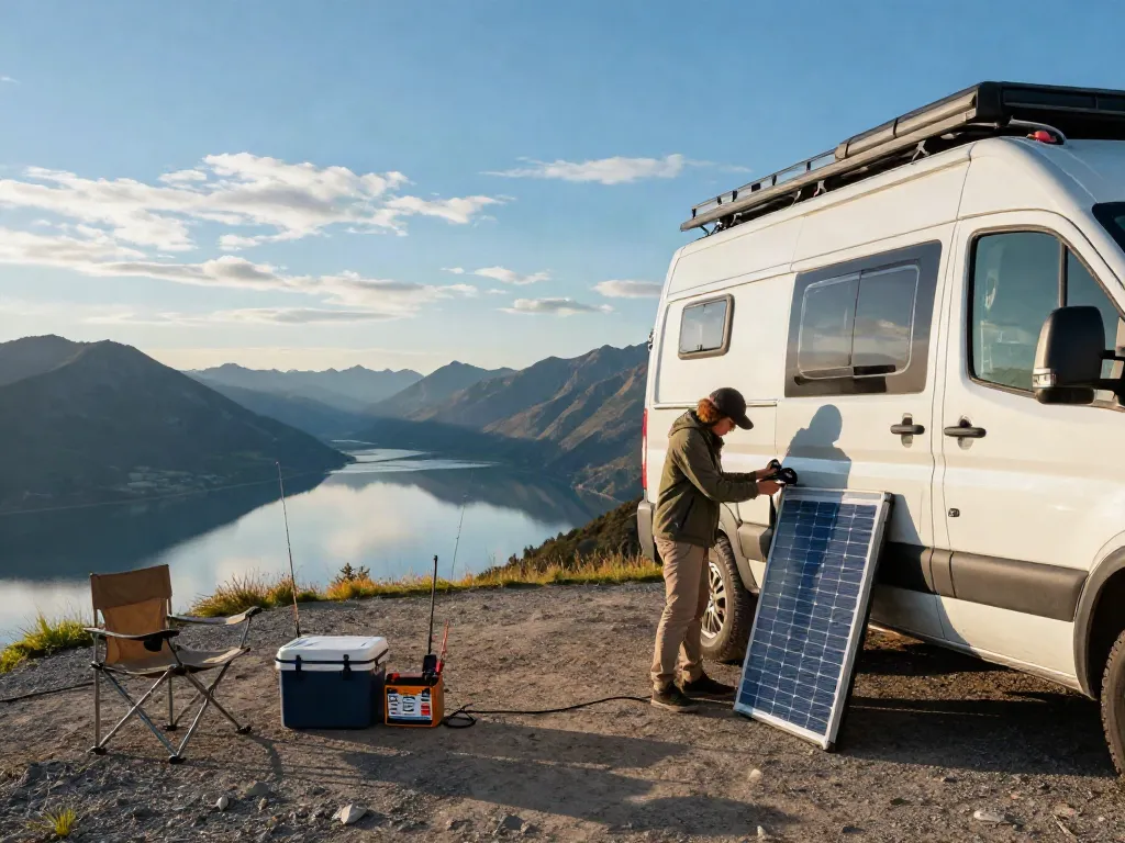 Adventure enthusiast connecting a 12V battery to a solar panel at a scenic overlook during sunrise.
