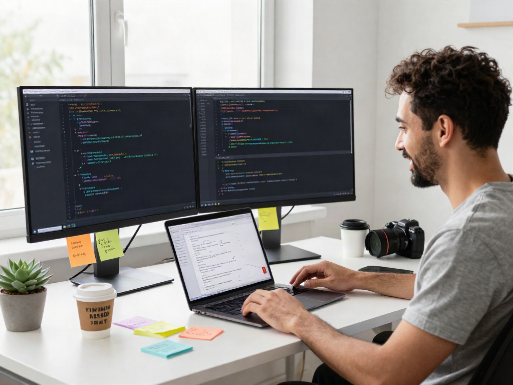 Developer creating engaging features for unfiltered AI chat platform in a modern office.