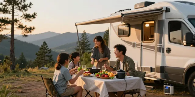 Lithium battery for RV powering outdoor dining in scenic mountain setting