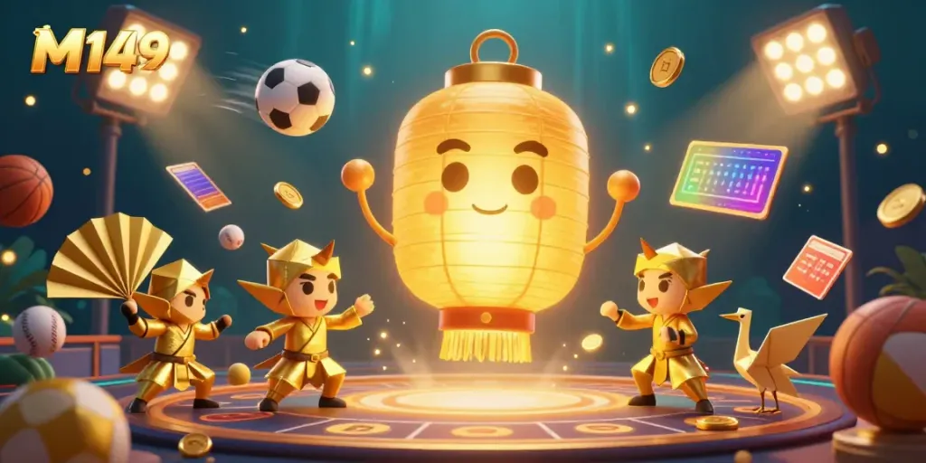Bet on exciting sports with M149, featuring a golden lantern spirit and dynamic betting elements.