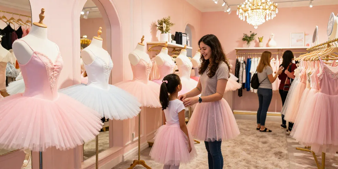 Colorful tutu store display at tutu-store.com with cheerful assistant helping a child try on a tutu.