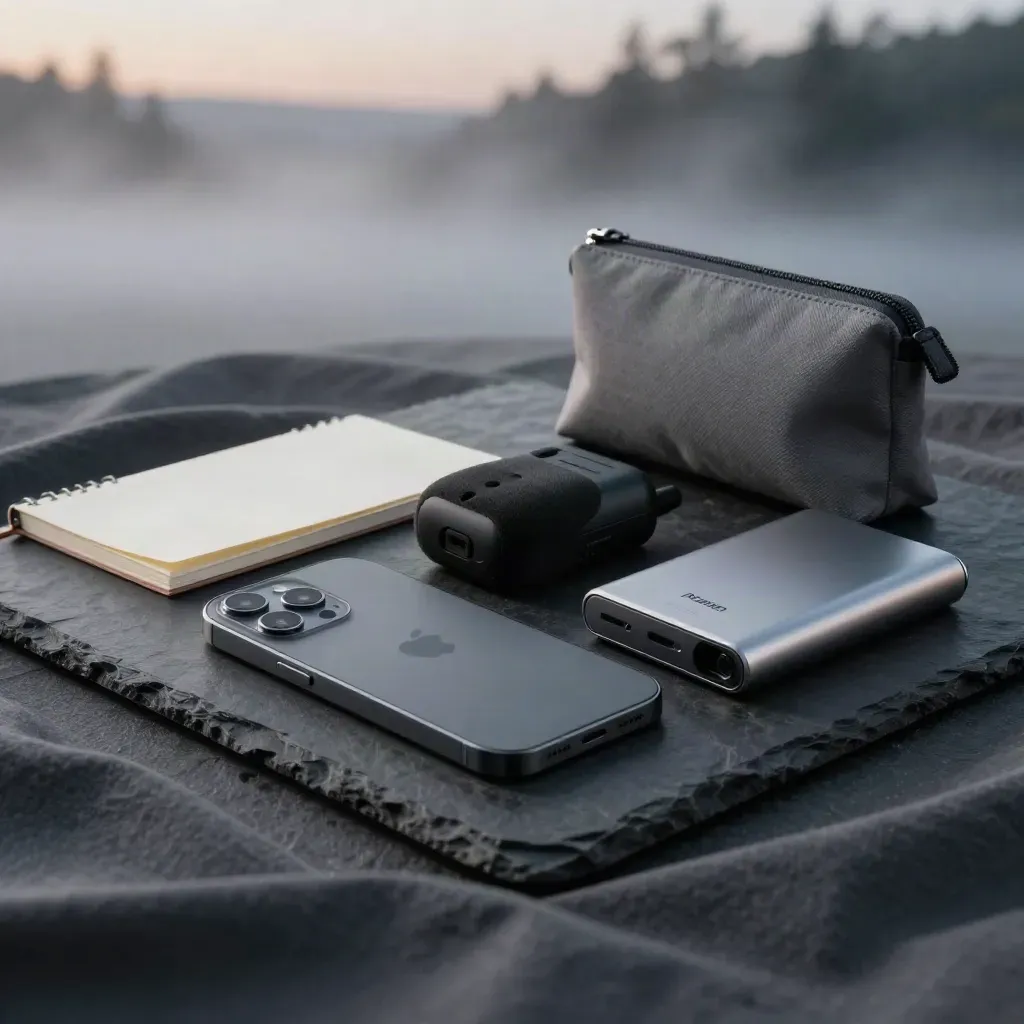 Premium creator kit with smartphone, lav transmitter, notebook, power bank, and pouch on dark stone.
