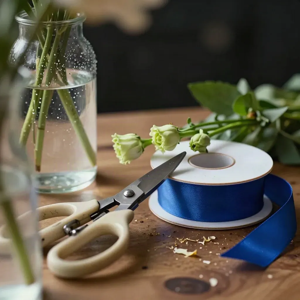 Macro florist still life with snips, blue ribbon spool, water vial, and cut stems on warm walnut.