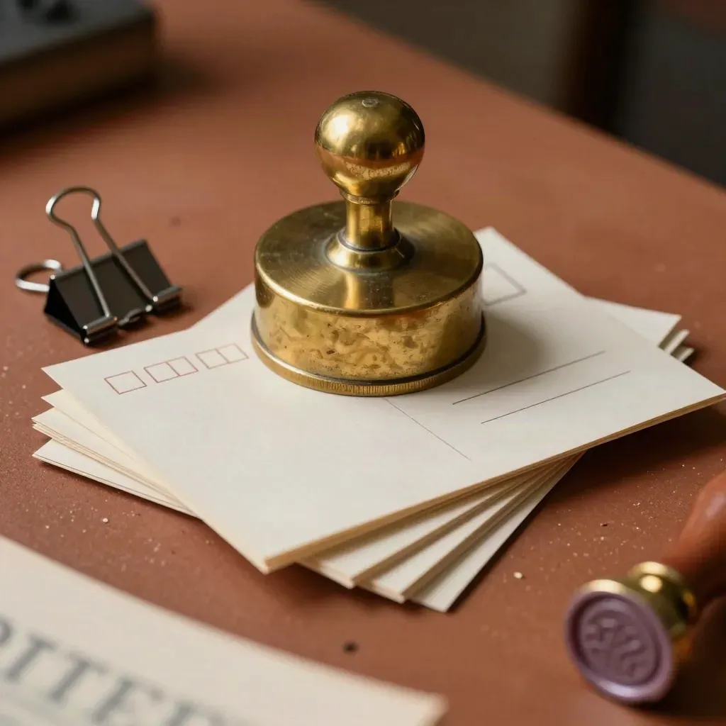 Brass paperweight, postcard stack, binder clip and wax seal stamp on terracotta with soft lilac accents.