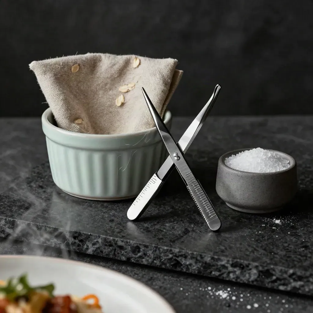 Plating tweezers, ramekin, linen and salt cellar on a dark counter with steam