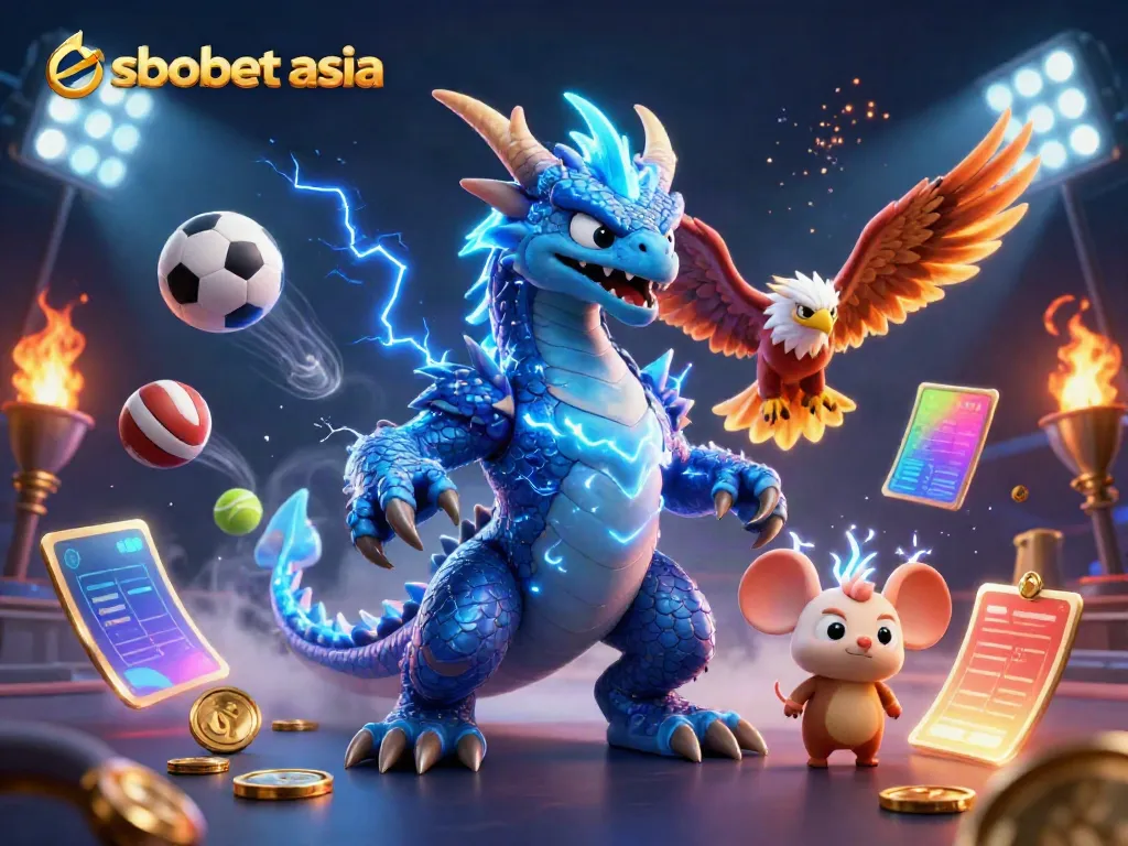 Engage in sbobet asia betting with thrilling dragon and hawk characters amidst dynamic sports elements.