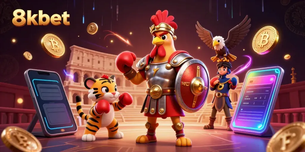 Experience thrilling bets with 8xbet showcasing a gladiator rooster in a vibrant casino arena.