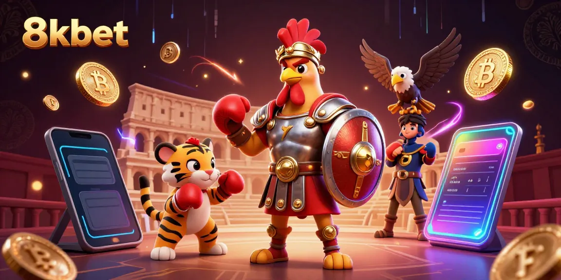 Experience thrilling bets with 8xbet showcasing a gladiator rooster in a vibrant casino arena.