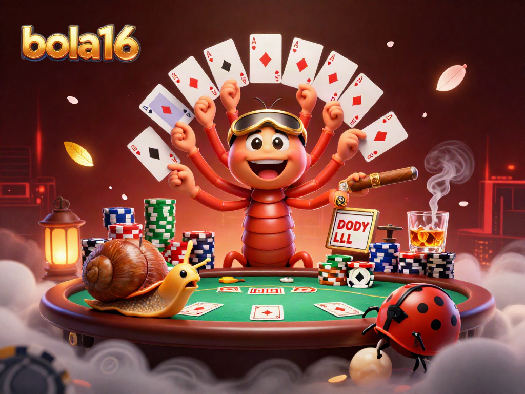 Experience thrilling action at bola16 with cartoon dealer and a high-roller amidst vibrant poker elements.