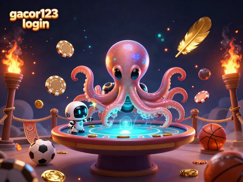 Engage in thrilling gameplay with gacor123 login featuring an alien octopus at a holographic poker table, surrounded by casino elements.