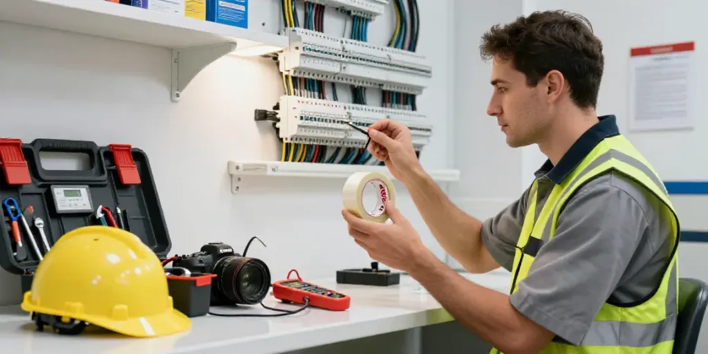 Situs Super33 electrical tape being used by a technician in a professional electrical workspace, emphasizing safety and quality.