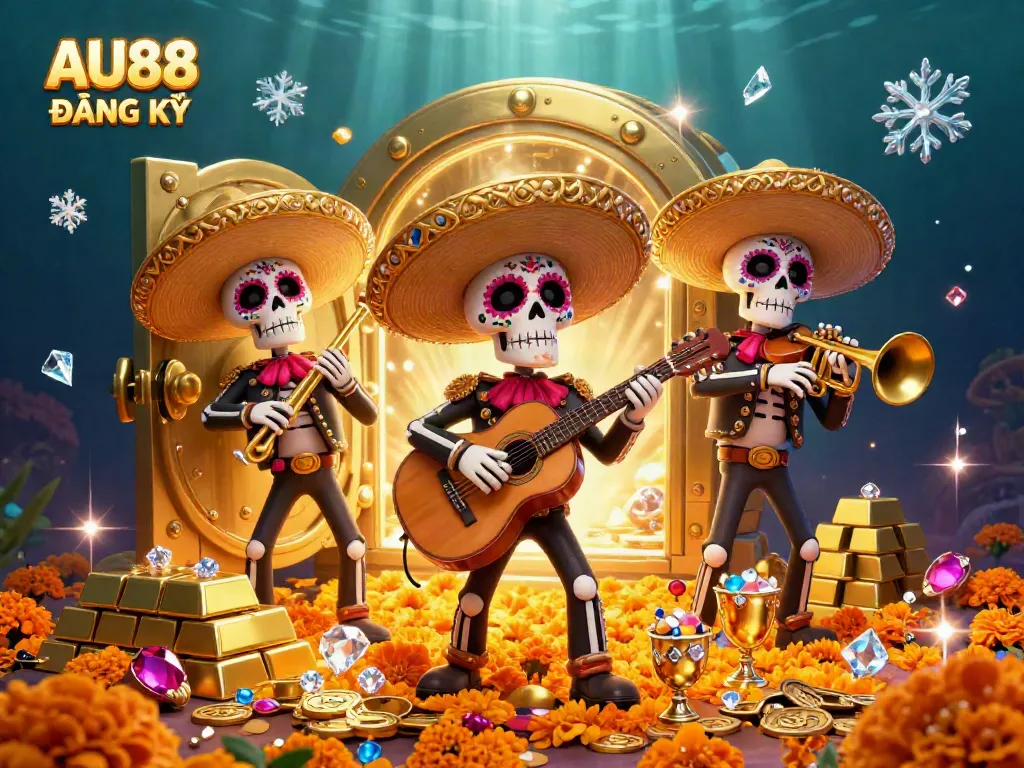 Engage with the vibrant world of AU88 ĐĂNG KÝ as a colorful mariachi band celebrates amid treasures and jewels.