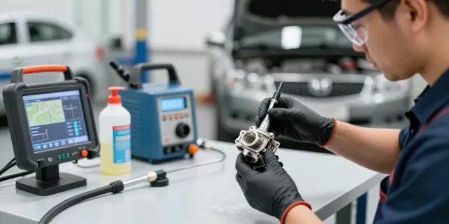 DPF reinigung hannover in a professional workshop, technician inspecting a cleaned diesel particulate filter.