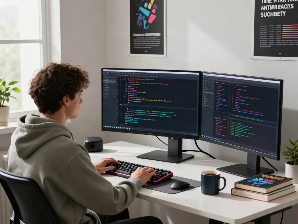 v2rayN官网 software development workspace with vibrant coding displays and innovative tech gadgets.