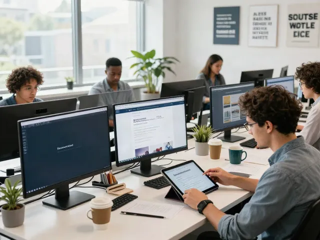 주소모음 workspace with team reviewing website links in modern office