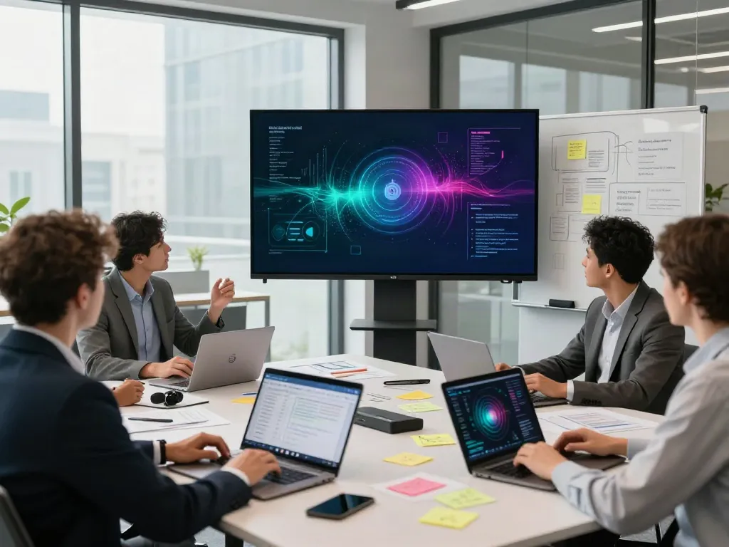 Deepfake free meetings with diverse team collaborating in a modern office.