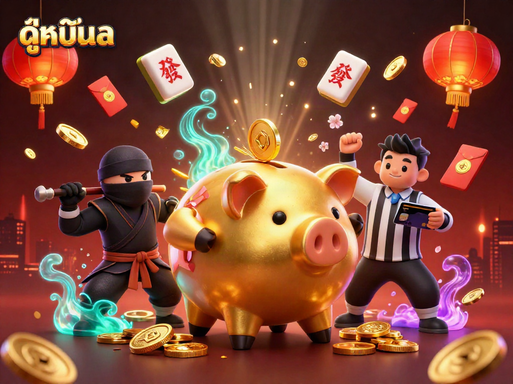 Engage with ดูหนังออนไลน์ in this vibrant 3D scene of a golden piggy bank sumo wrestler and dynamic casino elements.