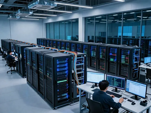 AI data center with high-density GPU racks and technicians monitoring AI workloads.