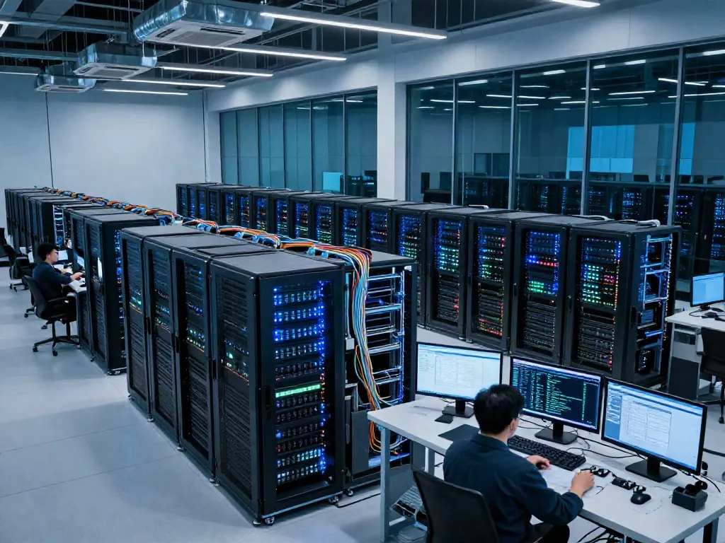 AI data center with high-density GPU racks and technicians monitoring AI workloads.