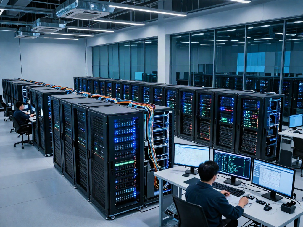 AI data center with high-density GPU racks and technicians monitoring AI workloads.